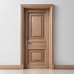Obraz premium Classic Wood Door: An elegant, light brown wood door with detailed paneling and a simple silver handle, set within a classic frame against a neutral wall. This image is perfect for interior design.