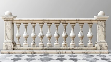 Fototapeta premium White marble balustrade on balcony, porch or terrace with tiled floor. Stone handrail in classic roman style isolated on transparent background. Vector realistic mockup with baroque railing
