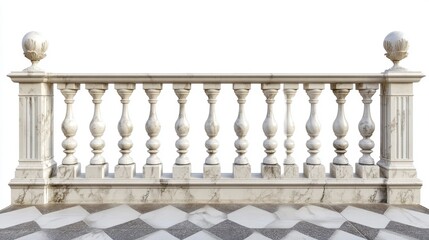 White marble balustrade on balcony, porch or terrace with tiled floor. Stone handrail in classic roman style isolated on transparent background. Vector realistic mockup with baroque railing