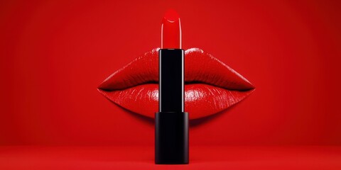 Red lipstick is shown in front of a red background