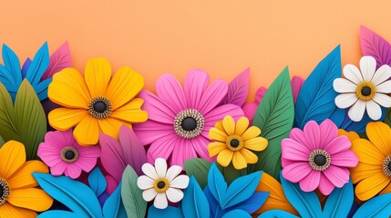 Fototapeta premium Vibrant Paper Flowers and Leaves in Bright Colors Against Orange Background