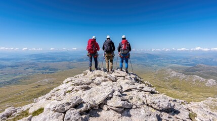 Obraz premium Hikers summit mountain, panoramic view, sunny day, achievement