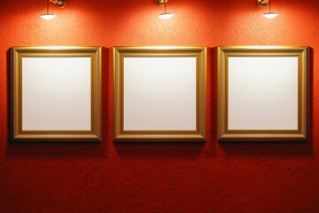 Warm red-orange wall with golden frames and overhead soft lighting.