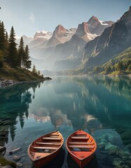 boats in the distance on a serene swiss lake near mountain peaks, swiss lakes, calm, serene