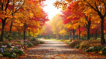 Fototapeta premium Blurred background of autumn park with colorful foliage, vibrant colors, park scenery, autumn park