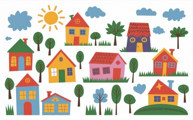 Colorful Houses and Trees in a Sunny Landscape