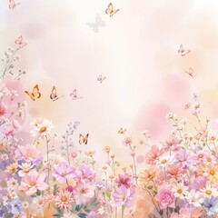 Naklejka premium Border of watercolor wildflowers and flying butterflies, field, outdoors