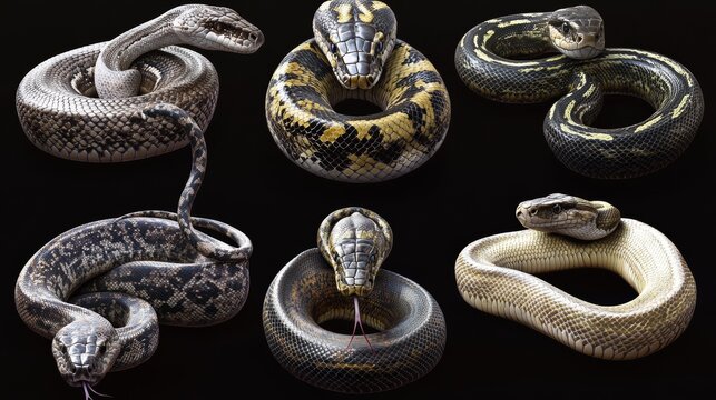 Cartoon snake species Cobra Ophiophagus hannah, California mountain kingsnake Lampropeltis zonata, Trimeresurus salazar, green tree or ball python, Komodo tree viper Trimeresurus insularis vector set
