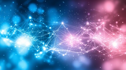 Futuristic abstract metaverse background in neon blue and pink with cyber connection themes, representing AI-driven innovation and network technology.