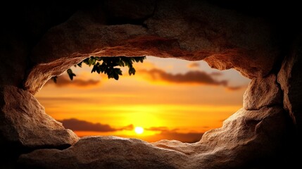 Sunset Cave View: A breathtaking sunset blazes through a natural stone cave opening, offering a stunning view of fiery colors painting the sky.  The scene evokes feelings of awe and serenity. 