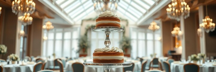 Cake on a tiered stand in a large dining room, dinner table, cake, elegant