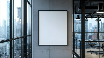 Modern office with city views and an empty frame on concrete walls.