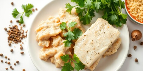 Canned tuna with parsley and peppercorn on white background, canned tuna, white background