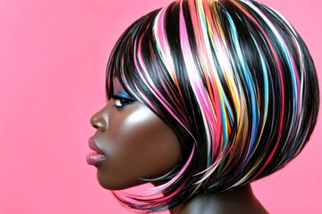 Fototapeta premium Stunning calm black girl - for ads, brochure and social networks use. Commercial commercial visual artwork. Short hairdo - multicolored hair. Black beauty model. Black girl power.