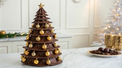Chocolate tree with golden ornaments, edible, holiday, sparkly, seasonal