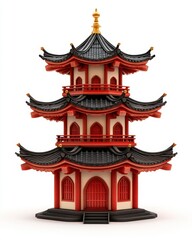 Fototapeta premium Three-Story Red and Black Pagoda in Pixel Art Style