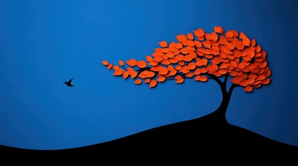Windswept Autumn Tree: A stylized illustration of a lone tree with vibrant orange leaves, bending gracefully in the wind against a deep blue sky. A solitary bird takes flight in the distance.