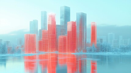 Fototapeta premium High-tech city concept with digital wireframe skyscrapers and glowing grids representing a futuristic smart city perfect for business stock visuals