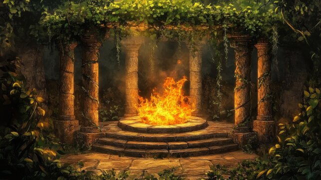 Ancient circle stone altar with fire on pillars in jungle. Vector cartoon illustration of rainforest landscape with green grass, trees, lianas and old round podium with pagan symbols