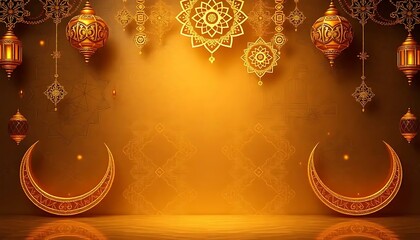 Golden Islamic Lanterns Ornaments And Crescents Background