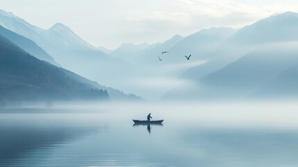 Obraz premium A fisherman pulling in his net from a small wooden boat on a misty lake, surrounded by towering mountains and flying herons.