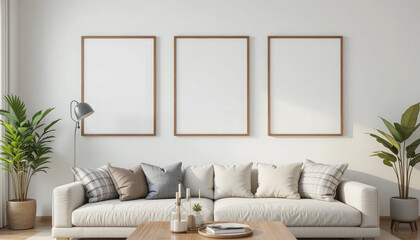 Fototapeta premium Frame Mockup on Living Room Wall, Modern Interior Design with 3D Render.