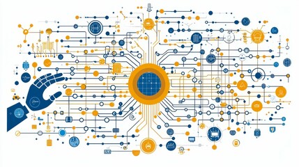 Obraz premium A series of monoline icons related to AI and machine learning, including symbols for neural networks, robotic hands, data processing, algorithms, and data analysis for tech illustrations.