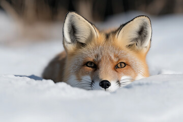 Fototapeta premium Red Fox Peeking Through Snow in Serene Winter Landscape