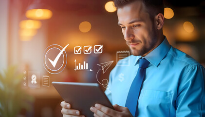 Business performance checklist and tracking, businessman using laptop and tablet Take online digital form checklist surveys, fill out online survey forms, assessment questionnaires.
