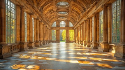 Obraz premium Sunlit Colonnade With Autumnal Trees Through Windows