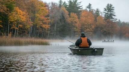 A fisherman navigating his boat through dense fog on a quiet lake, as distant loons call out in the morning silence. 