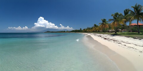 Obraz premium Idyllic tropical beach scene with palm trees and clear turquoise water.