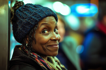 Expressive African American woman in New York City subway wearing a beanie, capturing urban energy