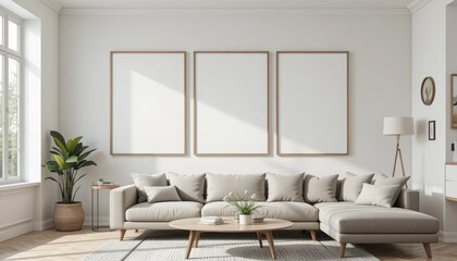 Fototapeta premium Frame Mockup on Living Room Wall, Modern Interior Design with 3D Render.