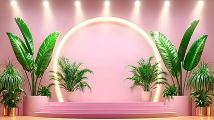Fototapeta premium Pink stage, tropical plants, spotlight, product display