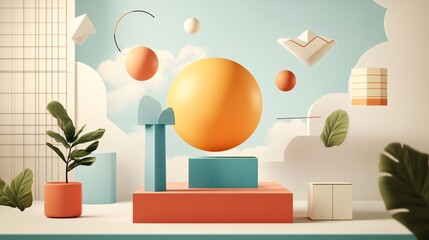 Abstract Geometric Composition with Shapes and Plants