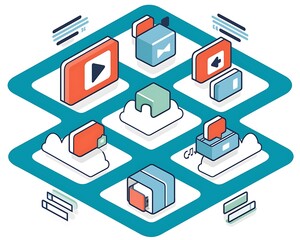Isometric illustration of cloud-based data storage and multimedia sharing.