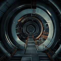 Fototapeta premium A spiral staircase in a tunnel at night with metallic, abstract elements, illuminated by soft light, reflecting through circular glass, evoking a sense of construction and futuristic design