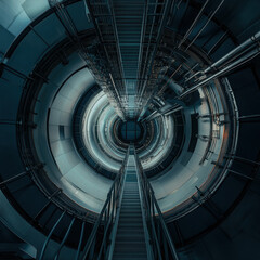 Fototapeta premium Spiral staircase at night inside a building with glowing lights, leading upward in a circular pattern, featuring metal rails and old architectural design