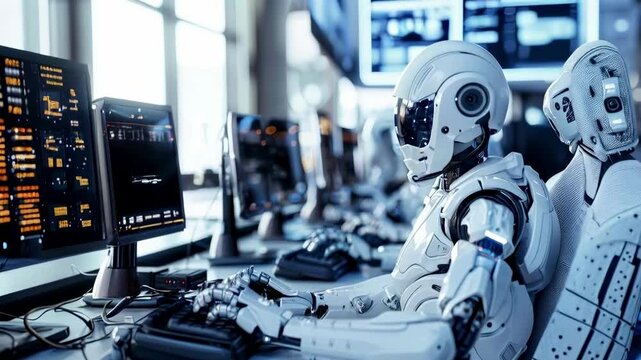 Artificial intelligence robot use computer do work in office