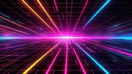 Fototapeta premium Neon grid lines converge, bright light, futuristic landscape, digital background, tech design