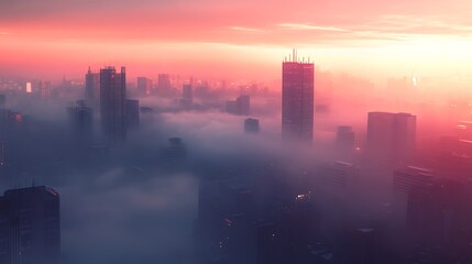 Fototapeta premium A polluted urban skyline obscured by haze and smog, with minimal visibility 