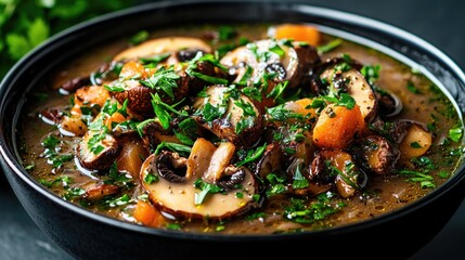 Fototapeta premium Hearty mushroom soup with carrots and fresh parsley served in a black ceramic bowl.