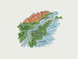 Artistic Landscape Illustration Of Mountains River And Village