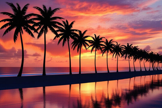 Sunset beach and palm trees