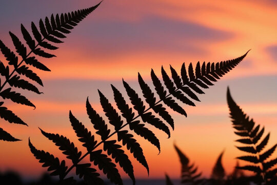 Silhouettes of fern leaves against a sky painted with the warm hues of sunset.