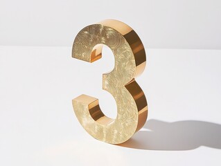 Shiny Gold Number Three Sculpture on Minimalist White Background