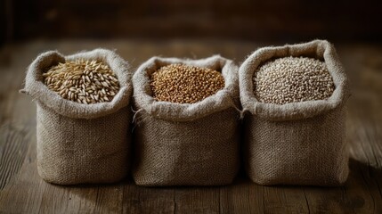Rustic sacks of oats, wheat, barley on wood