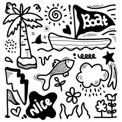 Hand drawn doodles, various children drawings in cartoon style, shark, cloud, boat.. Kids drawing clipart