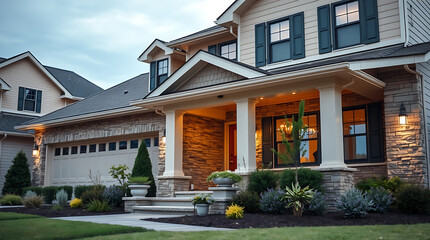 Obraz premium Luxury Home Exterior at Dusk: Modern Stone Facade, Landscaping, and Architectural Design